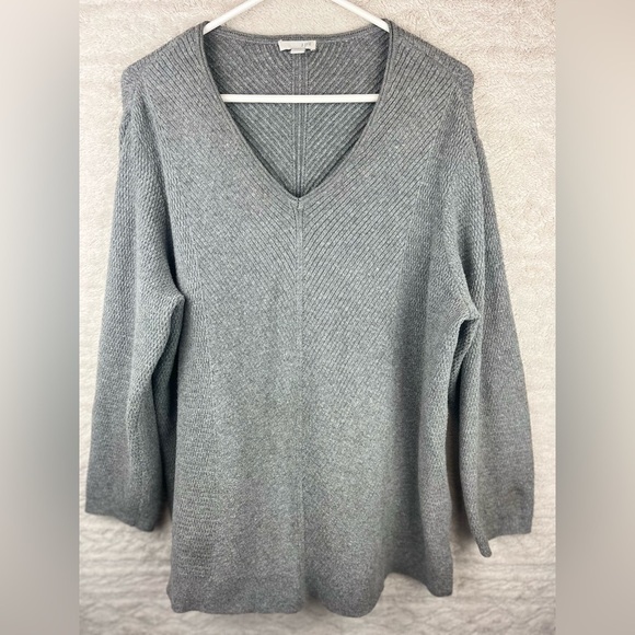 J. JILL Gray Sweater Ribbed Tunic V-Neck Size Large Petite - Picture 1 of 14
